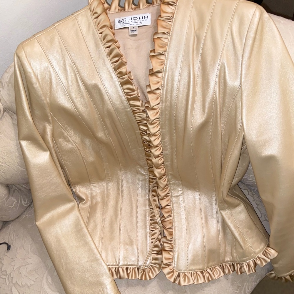 St. John Metallic Champagne Ruffle-Trim Leather Blazer